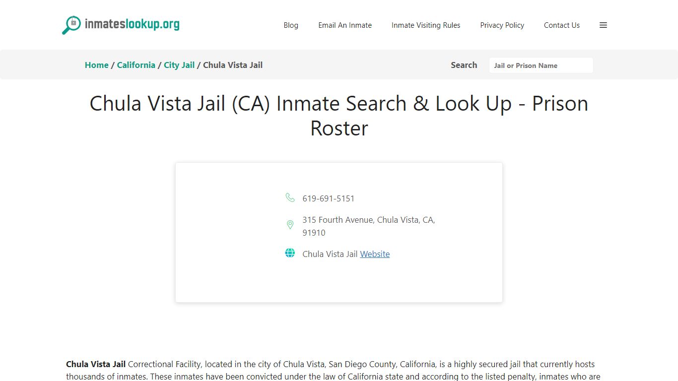 Chula Vista Jail (CA) Inmate Search & Look Up - Prison Roster